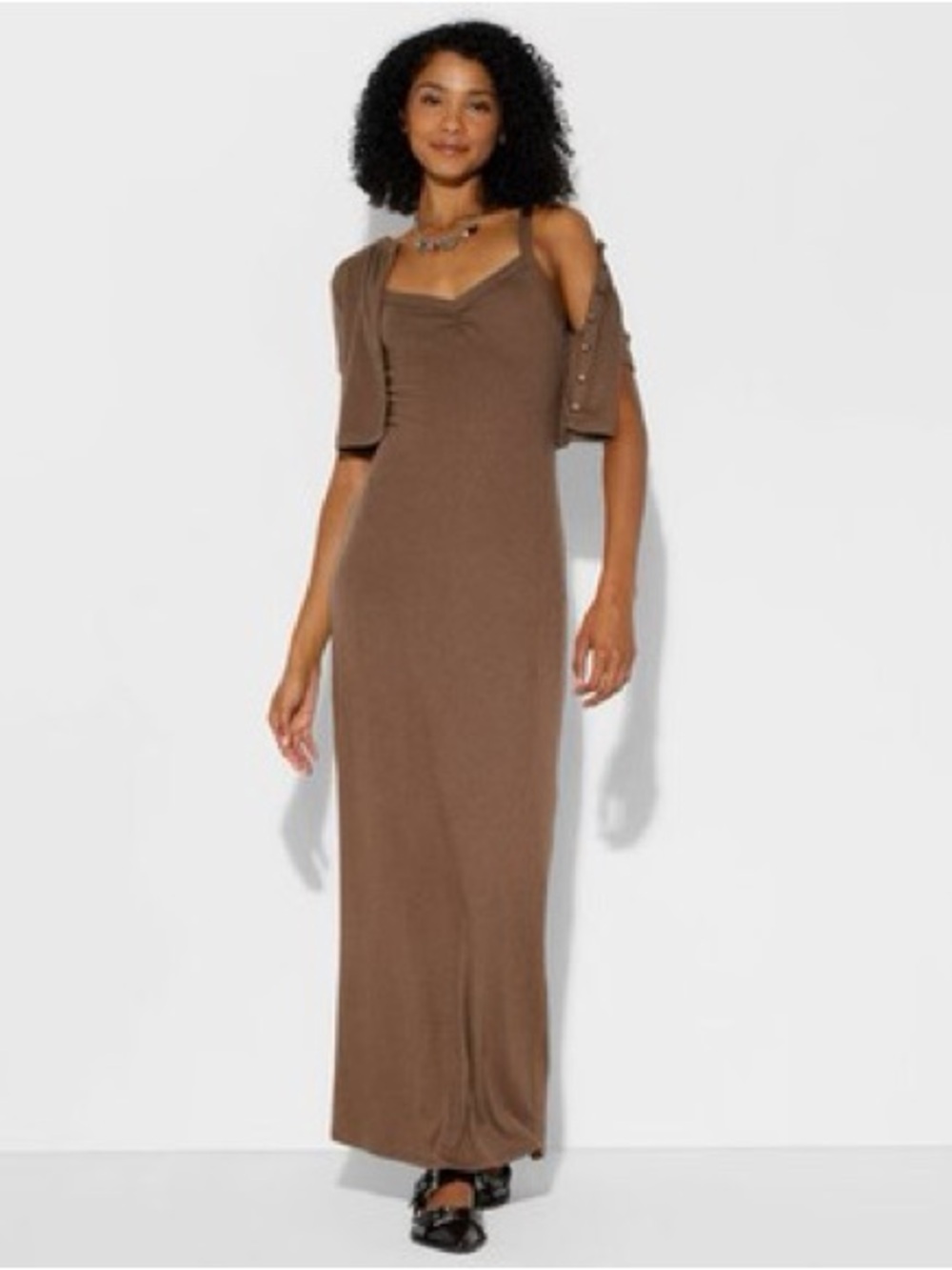 wild fable brown women's ribbed maxi bodycon dress and cardigan set